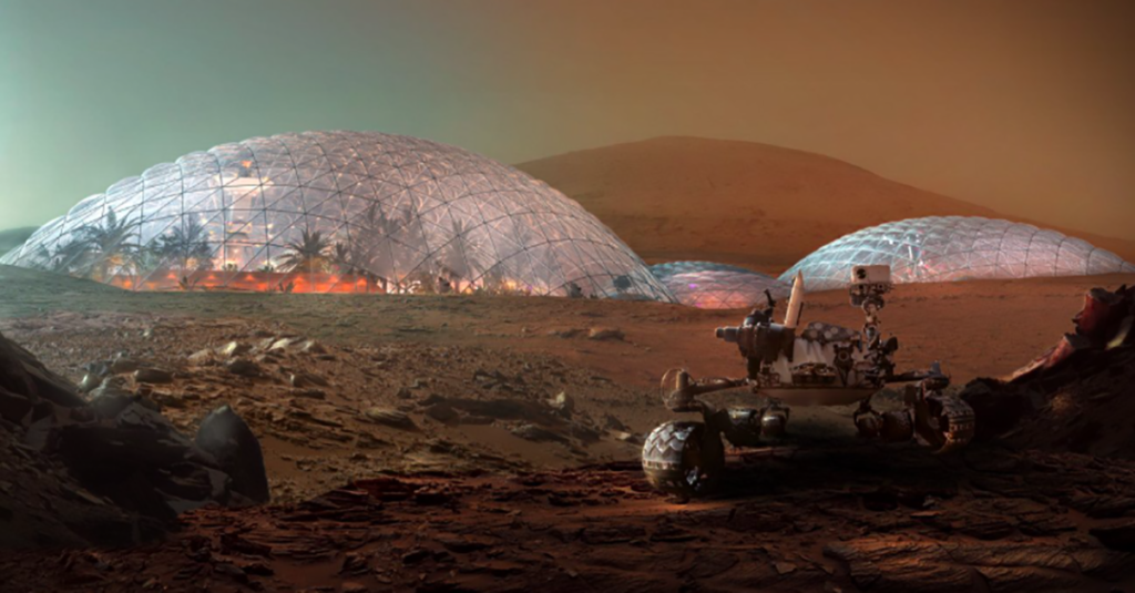 Perspectiva da futura instalação Mars Science City, com edificações configuradas como cúpulas translúcidas.