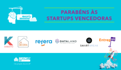 Banner com escrita "Parabéns às startups vencedoras", escrita em roxo, que conta com o logo de cada uma das vencedoras, em tons de branco e azul.